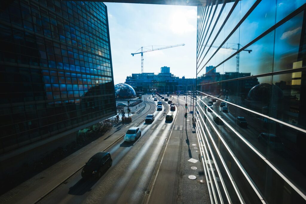 Elevated cityscape with highway traffic and office buildings, Copenhagen, Denmark